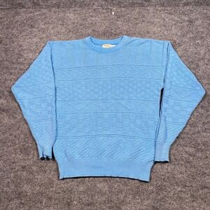 Vintage The Fox Collection Mens Blue Textured Knit Cotton Sweater Large Made USA